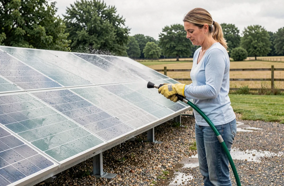 Femme rinçant des panneaux solaires au sol avec un tuyau d'arrosage dans un jardin rural