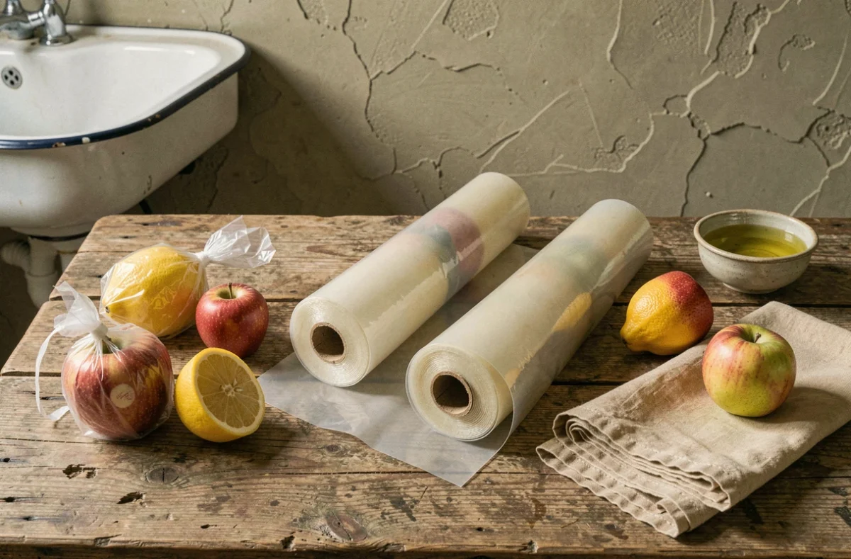 Rouleaux de cellophane alimentaire et alternatives écologiques sur une table en bois de ferme