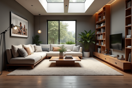 Salon moderne et cosy dans un sous-sol lumineux