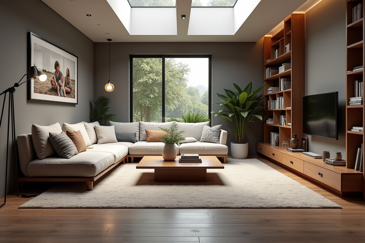 Salon moderne et cosy dans un sous-sol lumineux