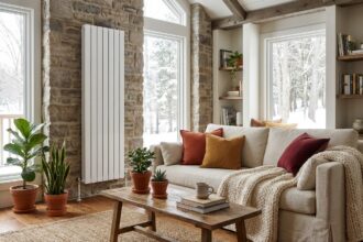 Salon cosy et bien décoré avec un radiateur moderne intégré au décor, canapé en lin et plantes vertes pour un intérieur chaleureux en hiver
