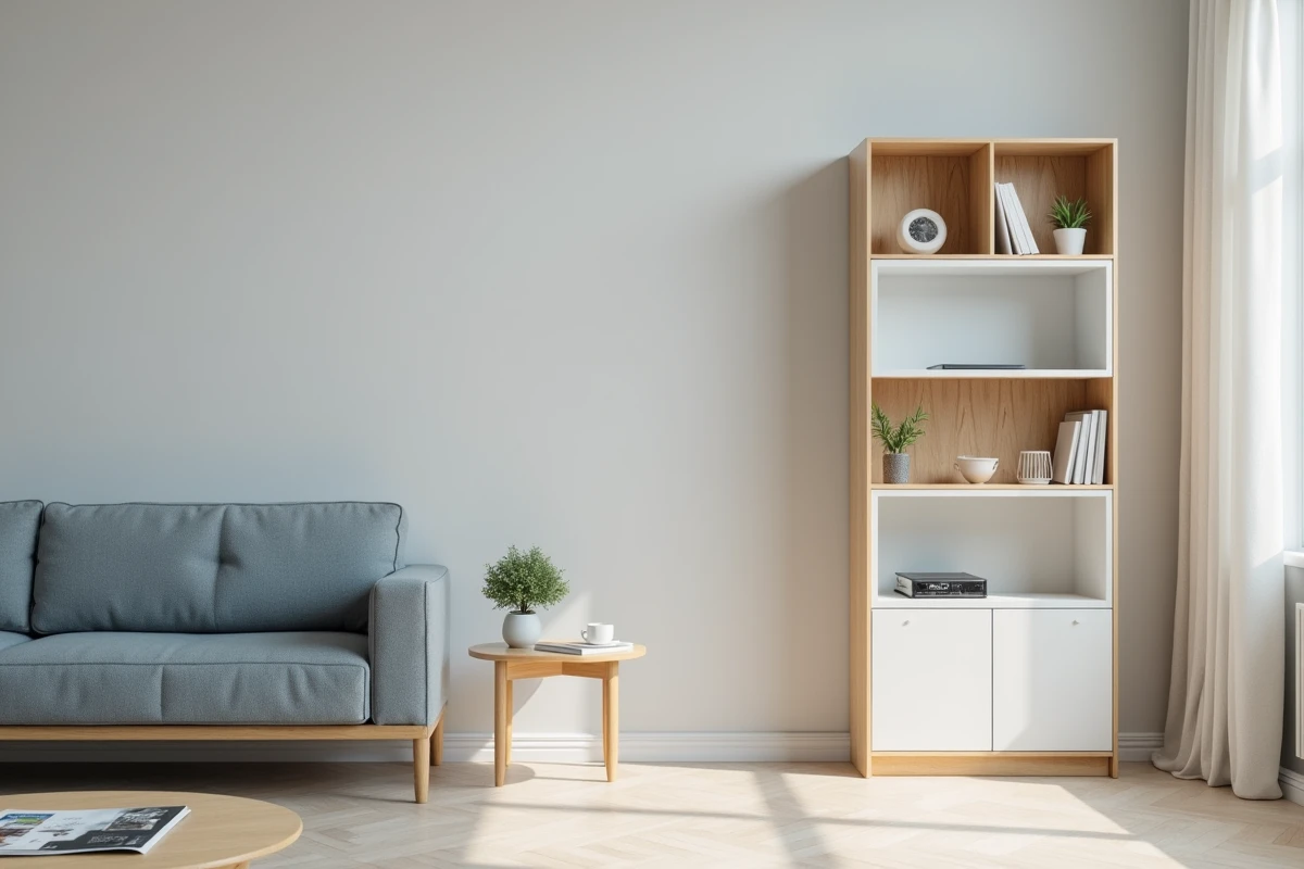 Salon moderne aménagé avec des meubles abordables, étagère en bois blanc et canapé bleu avec brochure de prix