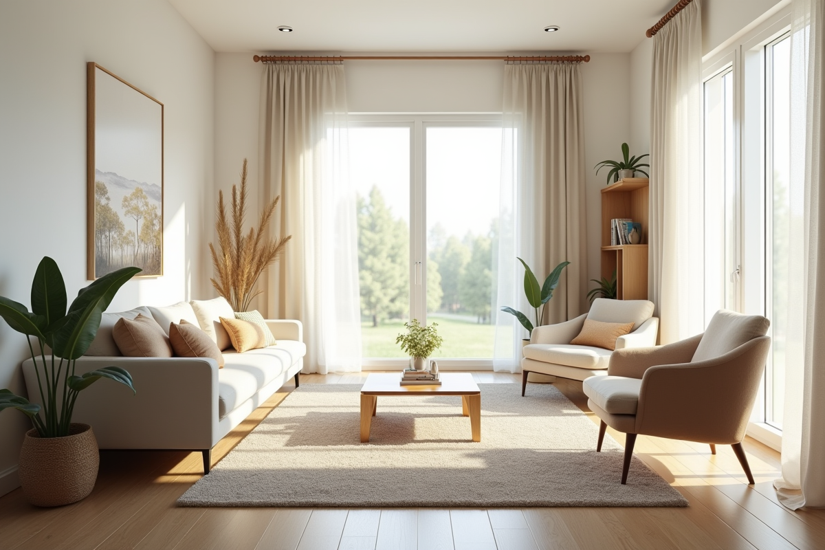 Salon lumineux et compact avec décoration minimaliste