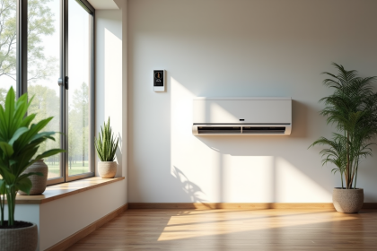 Salon moderne avec pompe à chaleur écologique et grande fenetre