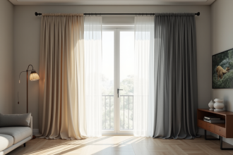 Salon moderne avec deux jeux de rideaux côte à côte