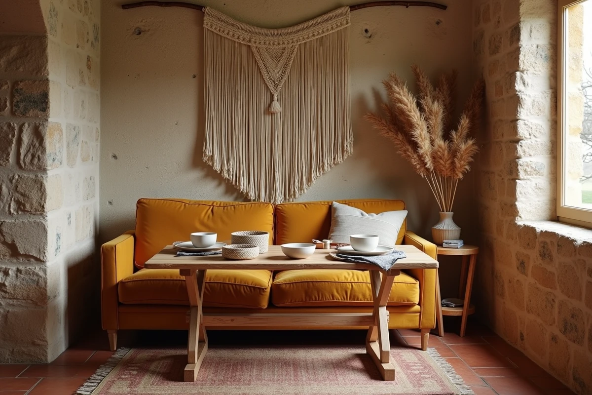 Coin salon et repas bohème dans un cottage avec canapé velours moutarde et table en bois rustique dressée