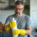 Homme portant des gants et lunettes de protection lisant l'étiquette d'un flacon d'acide chlorhydrique avant de déboucher un évier