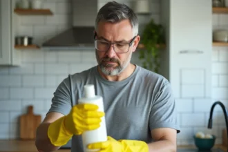 Homme portant des gants et lunettes de protection lisant l'étiquette d'un flacon d'acide chlorhydrique avant de déboucher un évier