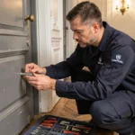 Serrurier professionnel changeant un cylindre de serrure sur une porte d'appartement parisien dans le 10e arrondissement