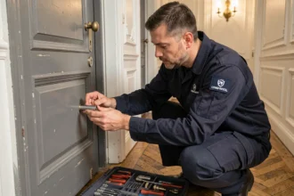 Serrurier professionnel changeant un cylindre de serrure sur une porte d'appartement parisien dans le 10e arrondissement