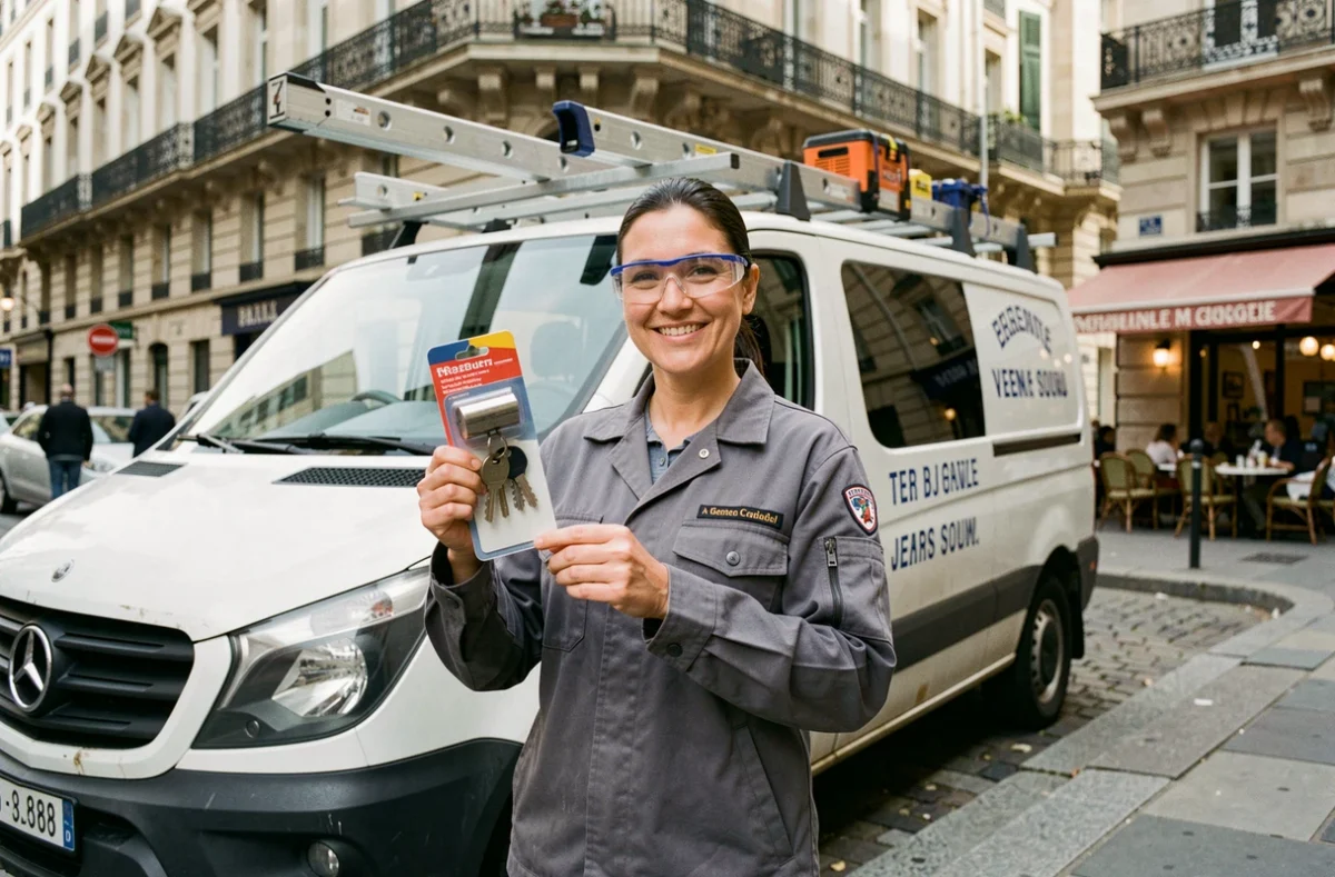 Serruriè re professionnelle devant son véhicule d'intervention dans une rue du 10e arrondissement de Paris