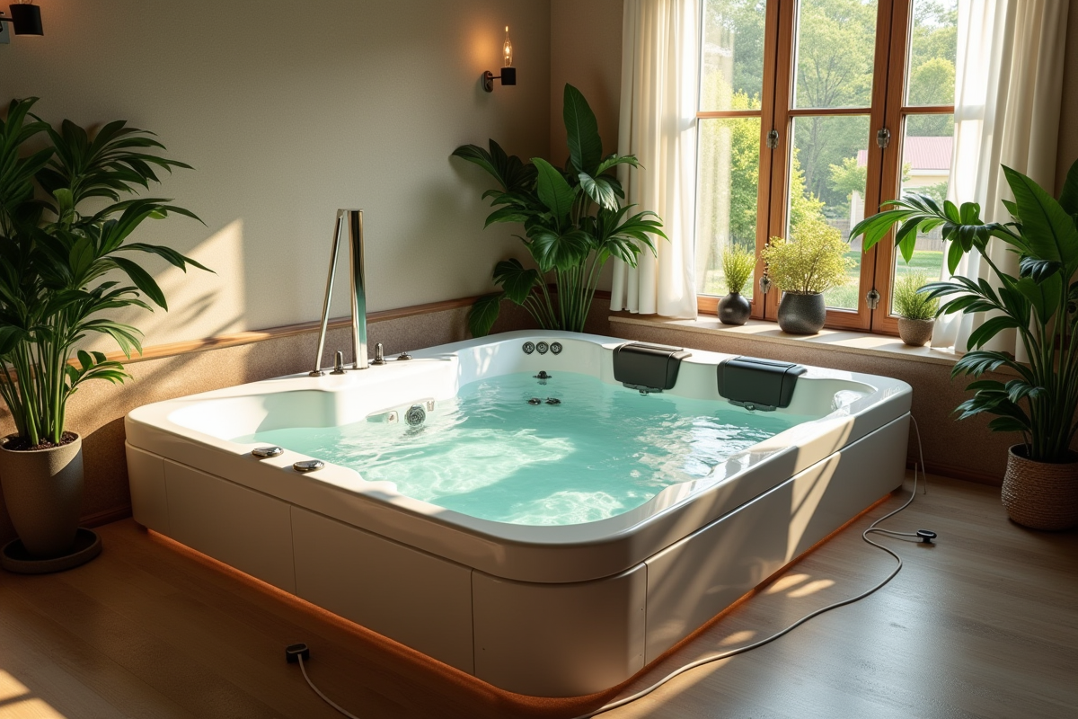 Spa intérieur avec plantes vertes et grande fenetre lumineuse