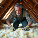 Hommes en tenue de travail appliquant de la cellulose dans un grenier ancien