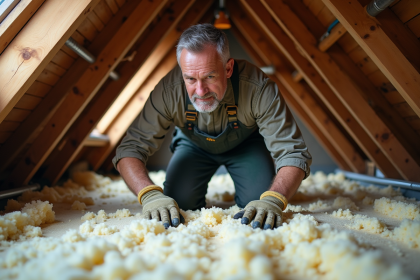 Hommes en tenue de travail appliquant de la cellulose dans un grenier ancien