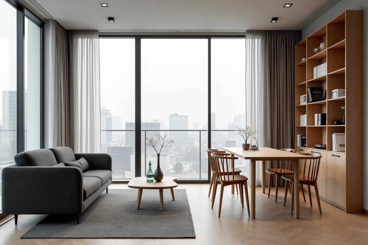 Studio scandinave avec canapé boucle et table à manger Japandi séparés par une étagère ouverte en bois