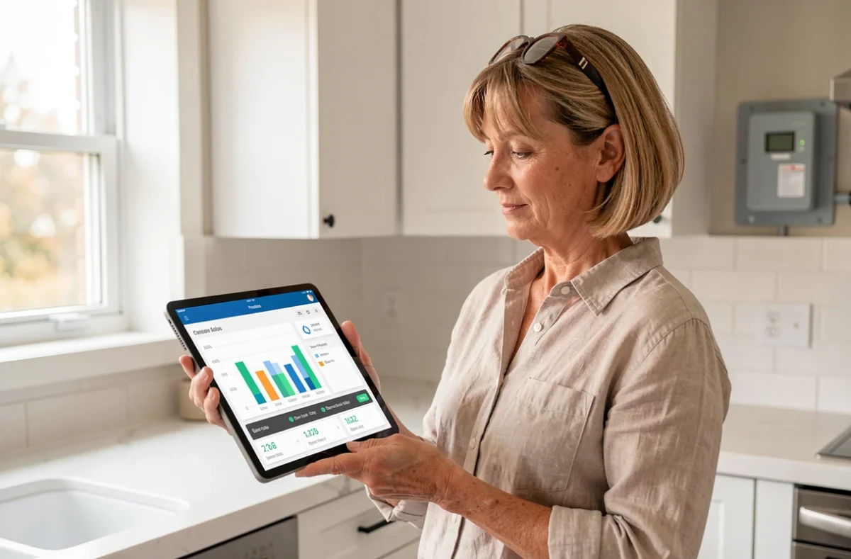 Femme consultant un tableau de bord de production d'énergie solaire sur une tablette dans une cuisine moderne