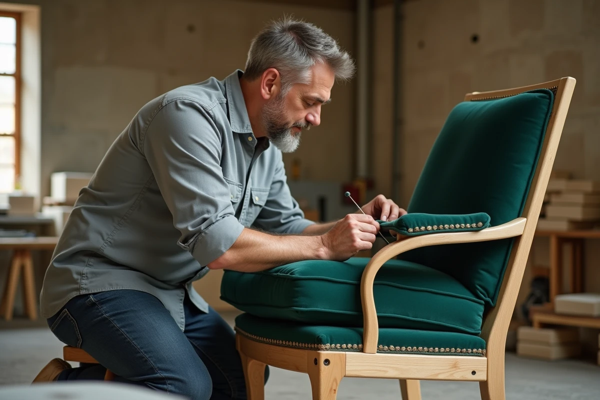 Tapissier épinglant du tissu vert velours sur la structure en bois d'un fauteuil Voltaire en cours de restauration