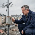 Technicien inspectant un amplificateur d'antenne TNT corrodé sur un toit en milieu urbain