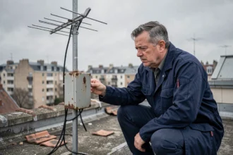 Technicien inspectant un amplificateur d'antenne TNT corrodé sur un toit en milieu urbain