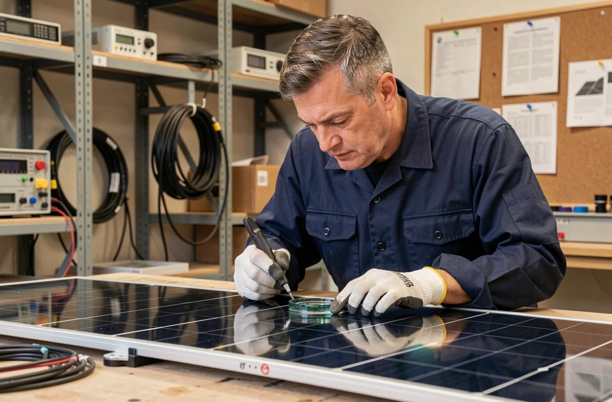 Technicien inspectant un panneau solaire bi-verre en atelier avec équipements professionnels