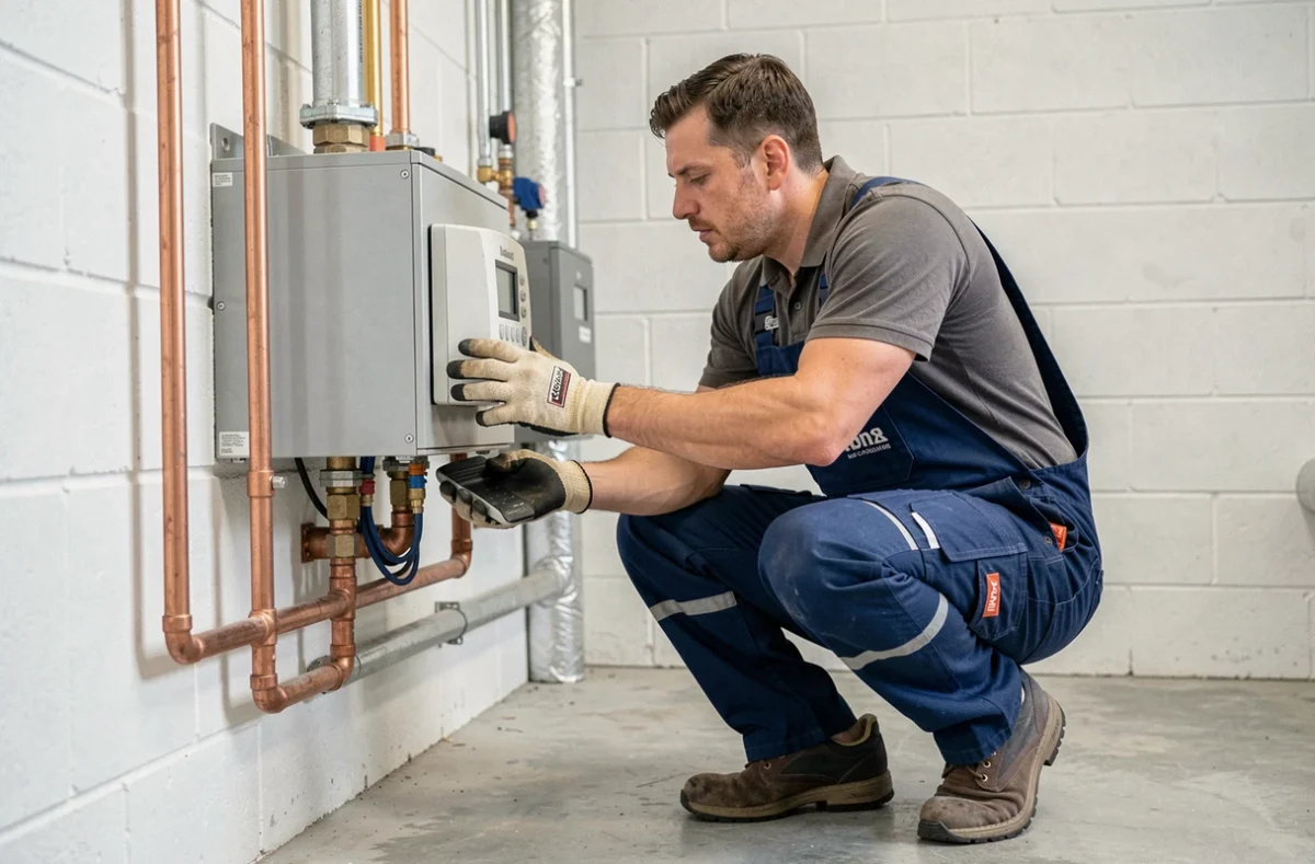 Technicien HVAC inspectant le module intérieur d'une pompe à chaleur réversible dans une chaufferie