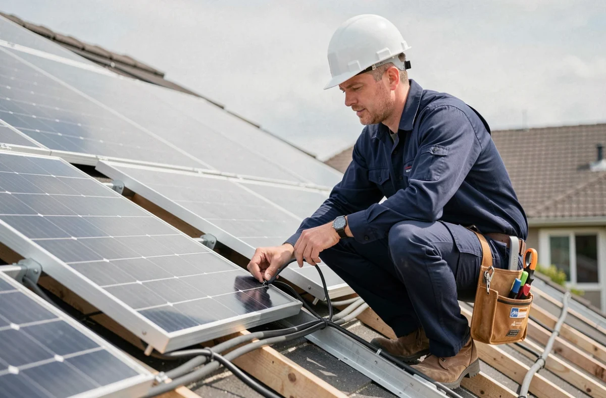 Électricien en tenue de travail installant des panneaux solaires sur un toit en pente d'une maison résidentielle