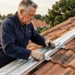 Technicien installant un rail de fixation en aluminium pour panneaux solaires sur un toit en tuiles