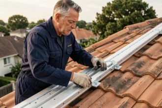 Technicien installant un rail de fixation en aluminium pour panneaux solaires sur un toit en tuiles