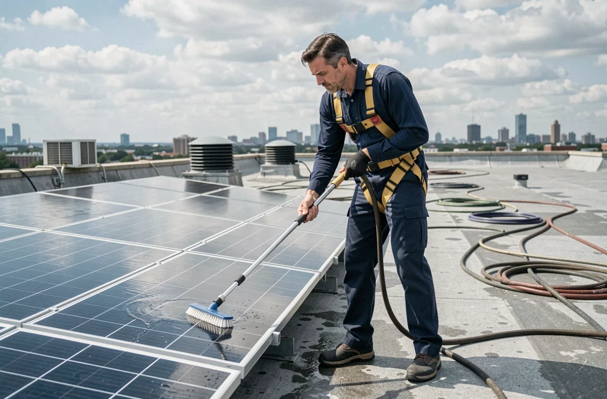 Technicien professionnel nettoyant des panneaux solaires commerciaux sur un toit plat avec un système à perche