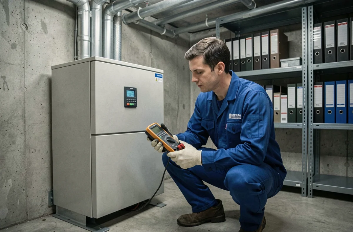 Technicien vérifiant un onduleur solaire dans une chaufferie pour optimiser les performances d'autoconsommation