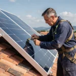 Technicien ajustant l'angle d'inclinaison d'un panneau solaire sur un toit en tuiles pour optimiser son exposition et sa rentabilité
