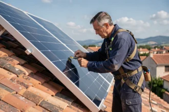 Technicien ajustant l'angle d'inclinaison d'un panneau solaire sur un toit en tuiles pour optimiser son exposition et sa rentabilité