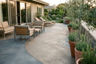 Terrasse moderne en béton décoratif texture balayée avec mobilier en acier brossé et plantes méditerranéennes