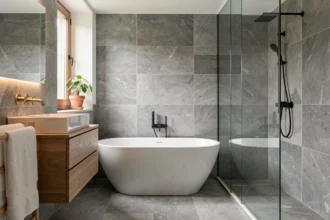Salle de bain moderne rénovée en Haute-Garonne avec baignoire îlot, carrelage gris et robinetterie dorée