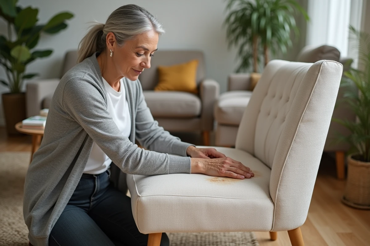 Femme âgée qui traite une ancienne tache de fruit sur un fauteuil en tissu crème dans un salon