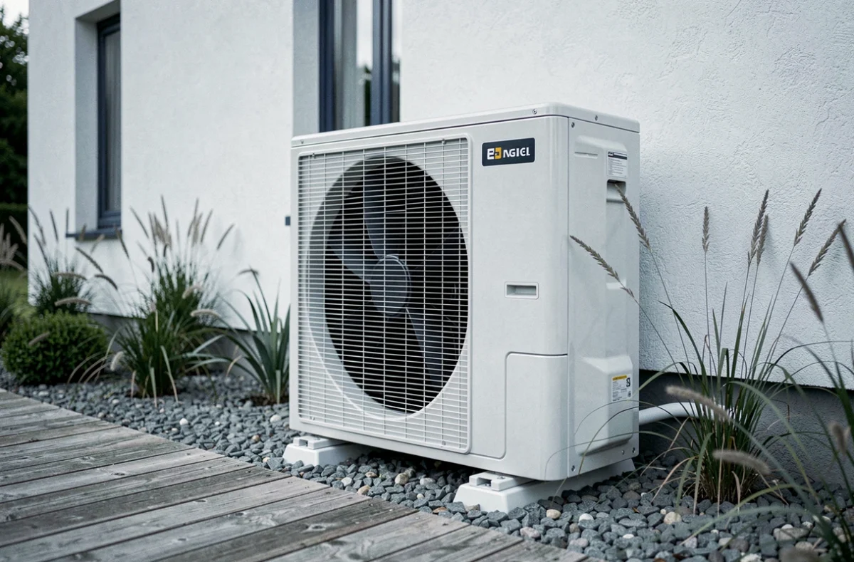 Unité extérieure de pompe à chaleur air-air gainable installée sur gravier contre une maison contemporaine
