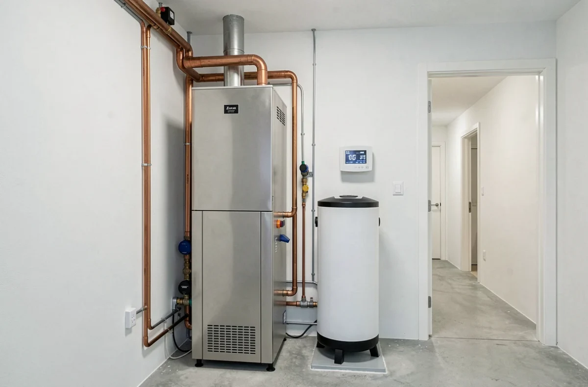 Unité intérieure de pompe à chaleur LG Therma V 16 kW dans une chaufferie avec ballon tampon et tuyauteries cuivre isolées