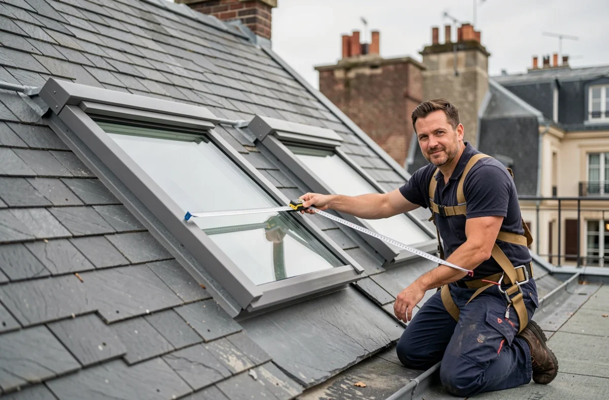 Couvreur mesurant une fenêtre de toit VELUX sur une toiture en ardoise pour vérifier les dimensions réglementaires
