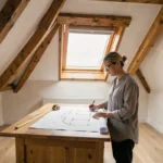 Fenêtre de toit VELUX dans une chambre mansardée avec plan de surface habitable sur un bureau en bois