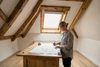 Fenêtre de toit VELUX dans une chambre mansardée avec plan de surface habitable sur un bureau en bois