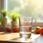 Verre mesureur rempli à 200 ml sur plan de cuisine lumineux