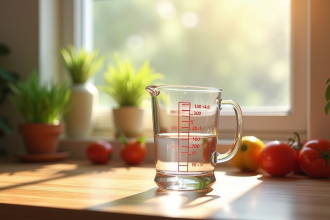 Verre mesureur rempli à 200 ml sur plan de cuisine lumineux