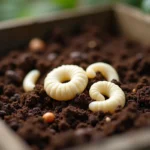 Vers blancs dans un compost domestique en bois avec débris organiques et sol sombre