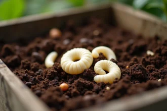 Vers blancs dans un compost domestique en bois avec débris organiques et sol sombre