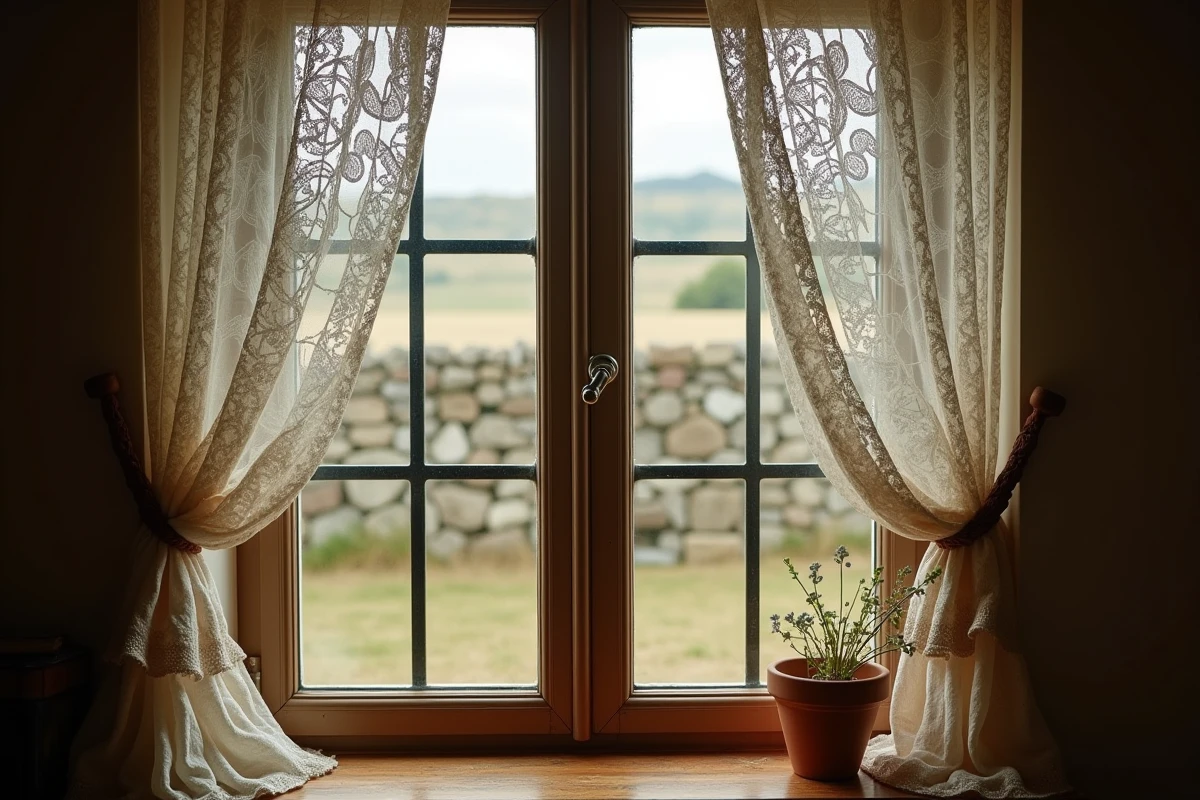 Vue intérieure d'une fenêtre de maison de campagne équipée d'un grillage de protection anti-intrusion