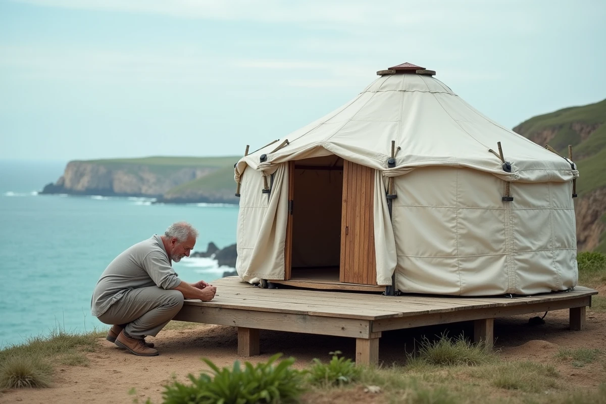 Yourte blanche sur plateforme en bord de mer avec un homme vérifiant les fixations structurelles, vue sur falaise et mer turquoise