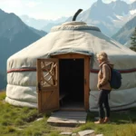 Yourte traditionnelle installée en montagne avec une femme inspectant la structure en bois, entourée de prairies alpines et de sommets rocheux