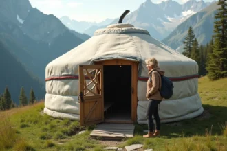 Yourte traditionnelle installée en montagne avec une femme inspectant la structure en bois, entourée de prairies alpines et de sommets rocheux